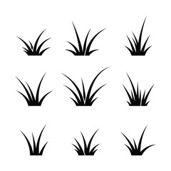 Grass Icon silhouettes Set for Nature Design. isolated on white background. Landscaping, Garden Illustration, Green Environment Themes, Lawn Symbols, Outdoor Graphics, Eco Projects.