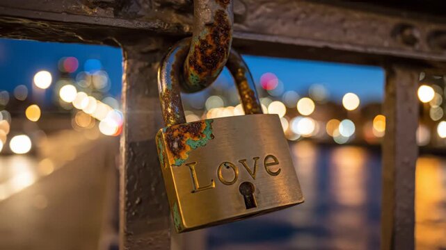 Golden love padlock on a rusty bridge railing at dusk. Blurred city lights illuminate the romantic background. Concept of enduring love and commitment