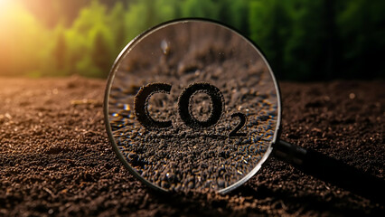 Magnifying glass focusing on co2 carbon dioxide symbol embedded in rich fertile soil close up view illustrating environmental research measuring carbon sequestration and climate change mitigation stra