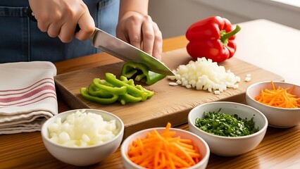 Chopping fresh vegetables on a wooden cutting board