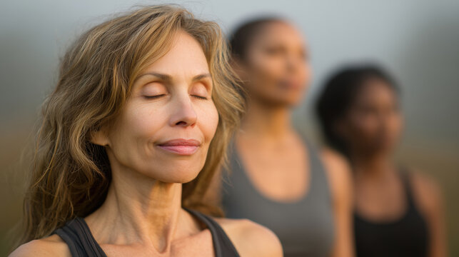 Grupo de mujeres mayores activas practicando yoga en un parque durante la ma&ntilde;ana.