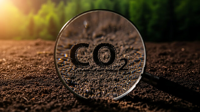 Magnifying glass focusing on co2 carbon dioxide symbol embedded in rich fertile soil close up view illustrating environmental research measuring carbon sequestration and climate change mitigation stra