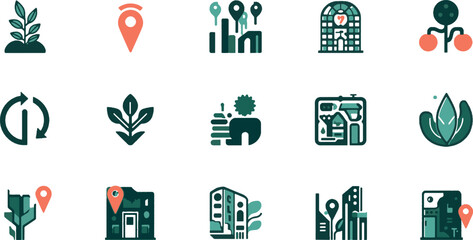 Fototapeta premium Set of smart city icons, sustainable urban planning symbols, eco-technology elements, and green architecture signs for modern branding