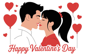"Valentine's Day Couple Illustration - Romantic Kiss with Heart Balloons"