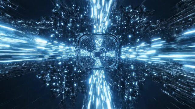 Abstract motion graphic seamless loop depicting glowing blue energy data flowing rapidly through a highly complex micro-machine network architecture seamless, connection, rapidly