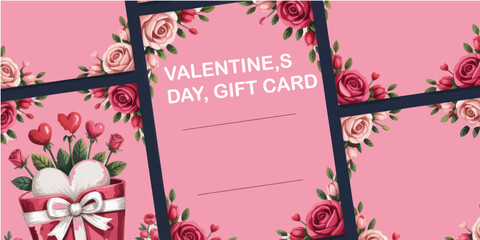 Valentine&rsquo;s Day Gift Card Vector Design with Flowers and Ribbon