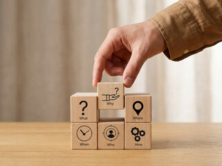 5W1H concept. Business framework and analysis. WHO WHAT WHERE WHEN WHY HOW Questions. The wooden...