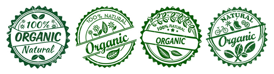 Organic stamp rubber, Green ecologic natural style on grunge rubber stamp. Vintage old texture logo frame with text and leaves icon.