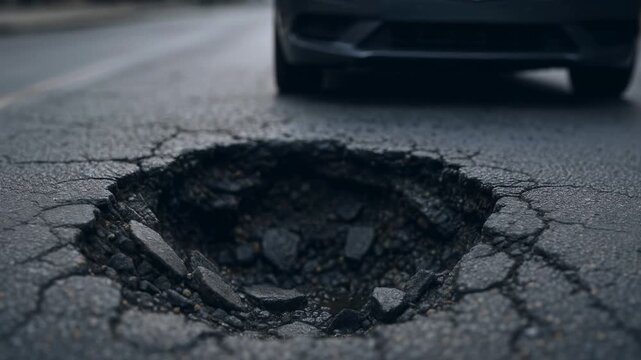 Large pothole in cracked asphalt road with blurred car approaching, concept for traffic safety and infrastructure damage
