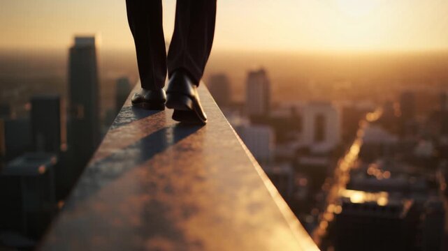 Businessman walking away on a rooftop narrow ledge above city skyline at sunset, rear view, concept for risk taking and ambition
