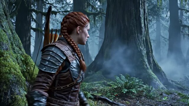 Determined adult woman warrior walking through a mystical foggy ancient forest. Concept of adventure and exploration