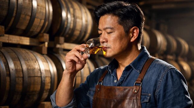 Middle aged Asian man distiller smelling whiskey or cognac in barrel warehouse at distillery, quality control tasting in cellar
