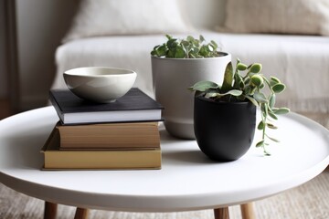 Modern living room decor featuring stacked books, ceramic bowls, and potted plants on a stylish coffee table for cozy ambiance.