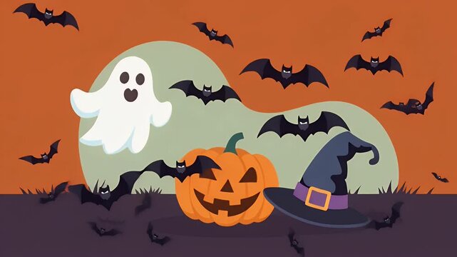 Halloween cartoon background with pumpkins, ghosts, bats, and witch hat seamless