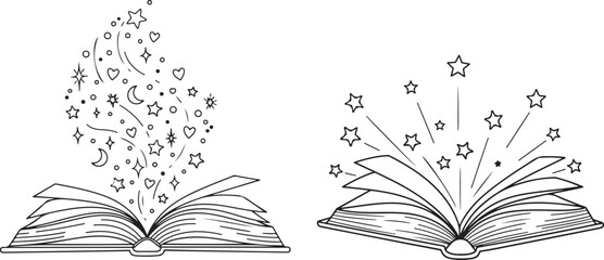 Open book doodle icon with sparkling stars. Magic of reading hand drawn outline clipart vector.eps