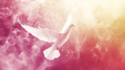 A white dove flying through a pink and purple sky. The colors of the sky and the dove create a sense of peace and serenity