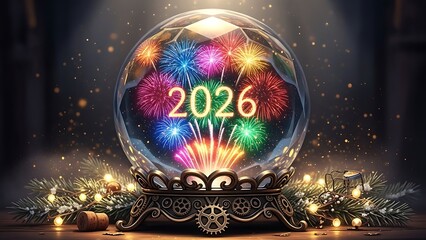 Celebrating new year 2026 with fireworks in a glass globe