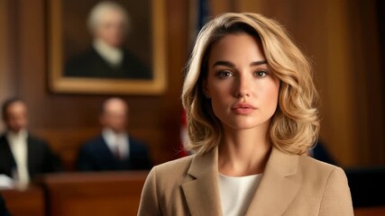 Confident female lawyer in a courtroom. Power, justice, determination. Ideal for legal service ads or political campaigns.