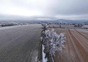 Frozen winter landscape countryside in aveyron
