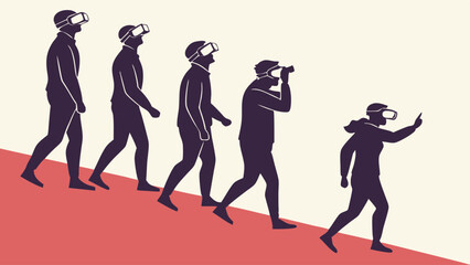 Evolution of Virtual Reality Users Advancing Downhill with VR Headsets Exploring Future Technology and Digital Immersion