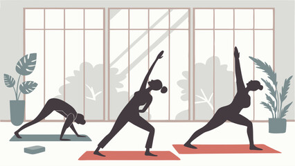 Silhouettes of Women Practicing Yoga Poses on Mats Indoors for Wellness Website Design and Fitness App Promotion
