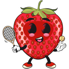 cute strawberry cartoon mascot character playing tennis smiling vector illustration, work of hand drawn
