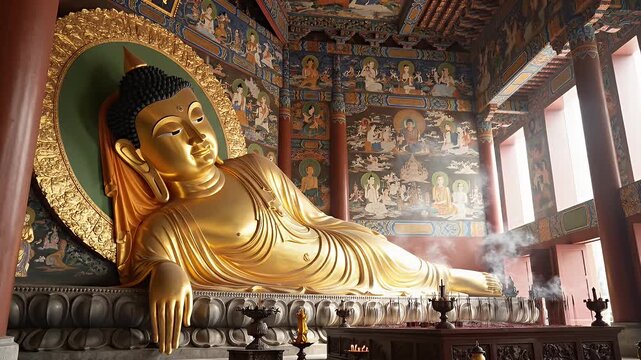 Golden Reclining Buddha Statue in a Chinese Temple, Symbol of Peace and Harmony