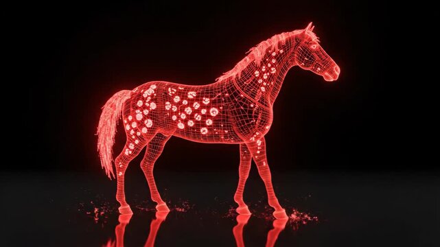 Red wireframe horse walking with glowing neon lines. Digital 3D hologram of Chinese New Year zodiac animal. Futuristic technology and astrology concept