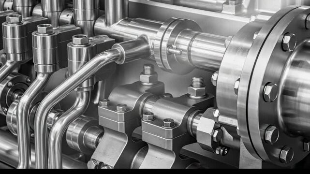 Industrial machinery close up metallic pipes and components in detail