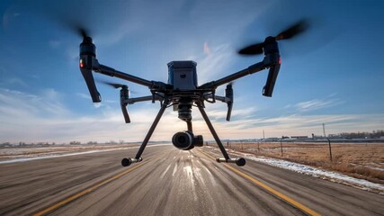Remotecontrolled drone maneuvering skillfully above the runway piloted from a distance to inspect cracks and debris on the surface with precision.
