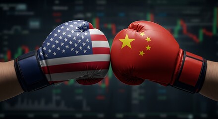 usa and china boxing gloves facing each other in front of stock market data background