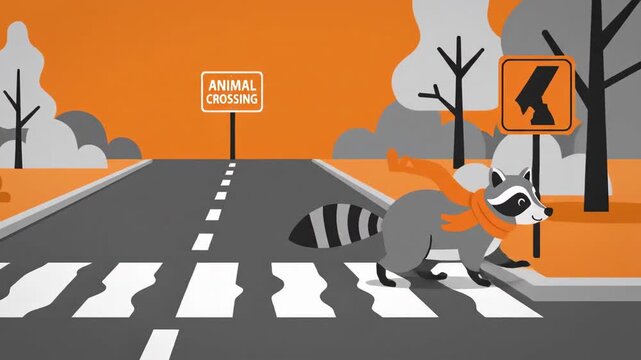 Animated Raccoons Safely Navigate Roadways At Animal Crossing Zones In A Charming Cartoon Style