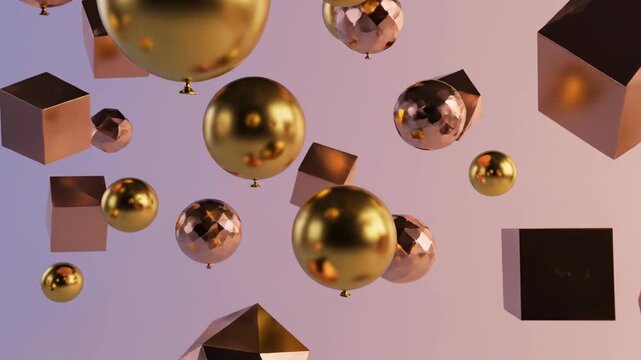 Abstract motion graphic seamless loop featuring floating geometric shapes of golden and rose gold balloons rising slowly on a smooth gradient background presentation, textureless, smooth animation
