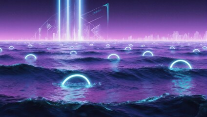 Neon Orbs Floating on a Purple Ocean with City Lights.