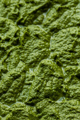 Background texture of pesto-like dip made of rucola, walnuts, parmesan, garlic, and olive oil. 