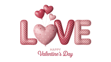 Happy Valentine’s Day 3D Love Typography with Pink Heart Balloons and Striped Pattern Letters for Romantic Holiday Marketing and Greeting Cards