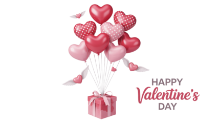Happy Valentine’s Day 3D Gift Box with Floating Pink Heart Balloons and Winged Hearts for Romantic Delivery Promotion and Retail E-commerce Banner