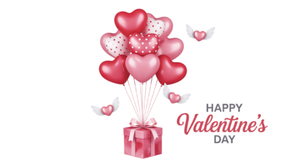 Happy Valentine’s Day 3D Gift Box with Floating Pink Heart Balloons and Winged Hearts for Romantic Delivery Promotion and Retail E-commerce Banner
