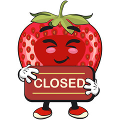 cute strawberry cartoon mascot character showing a sign that says closed smiling vector illustration, work of hand drawn