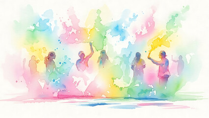 A vibrant and colorful illustration of people celebrating with paint