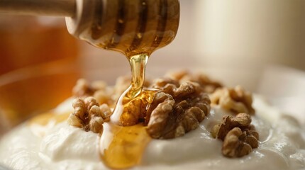 Golden Honey Pouring from Dipper onto Fresh Greek Yogurt and Walnuts for Healthy Breakfast