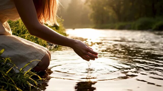 Woman kneeling by a river holding water in her hands as sunlight reflects on the waters surface
