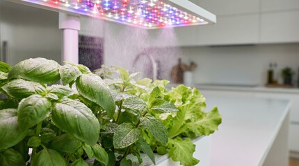 Smart Indoor Hydroponic Garden with LED Grow Lights and Automatic Misting System Growing Fresh Herbs in a Modern Kitchen