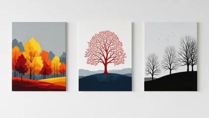 Three distinct tree-themed artworks showcasing seasonal changes and artistic styles.