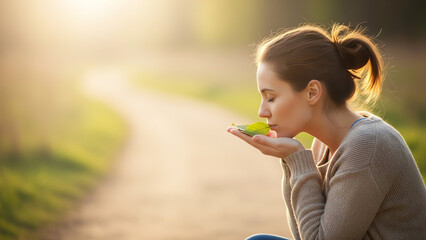 Young woman gently holding bird and looking affectionately in park  