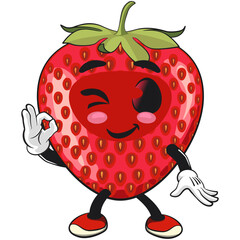 cute strawberry cartoon mascot character giving an okay sign smiling vector illustration, work of hand drawn