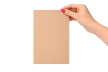 Hand holding blank beige paper sheet mockup for advertising messages