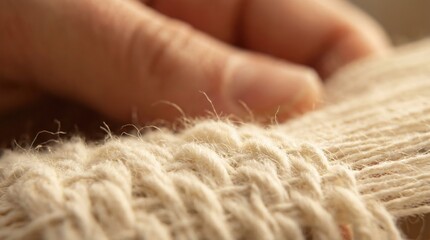 Macro Close-up of Natural Woven Textile Texture with Artisan Hand in Background