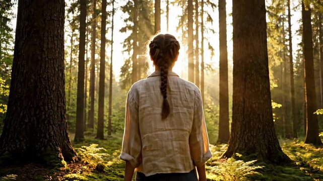 Woman with braid stands in sunlit forest facing trees green mossy ground