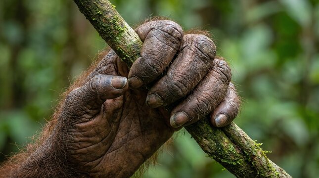 Close-up of an Orangutan's Hand Gripping a Mossy Tree Branch in a Rainforest